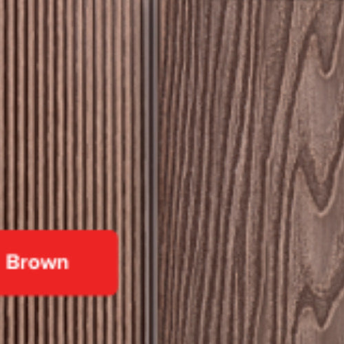 Two types of brown wood textures are shown side by side; on the left, deX Composite Decking Step Boards from deX feature narrow vertical grooves with a grooved surface finish, making them ideal for step boards. On the right, a wider, natural wood grain pattern is visible—perfect for decking steps and edges. The left side has a red label that reads “Brown.”.