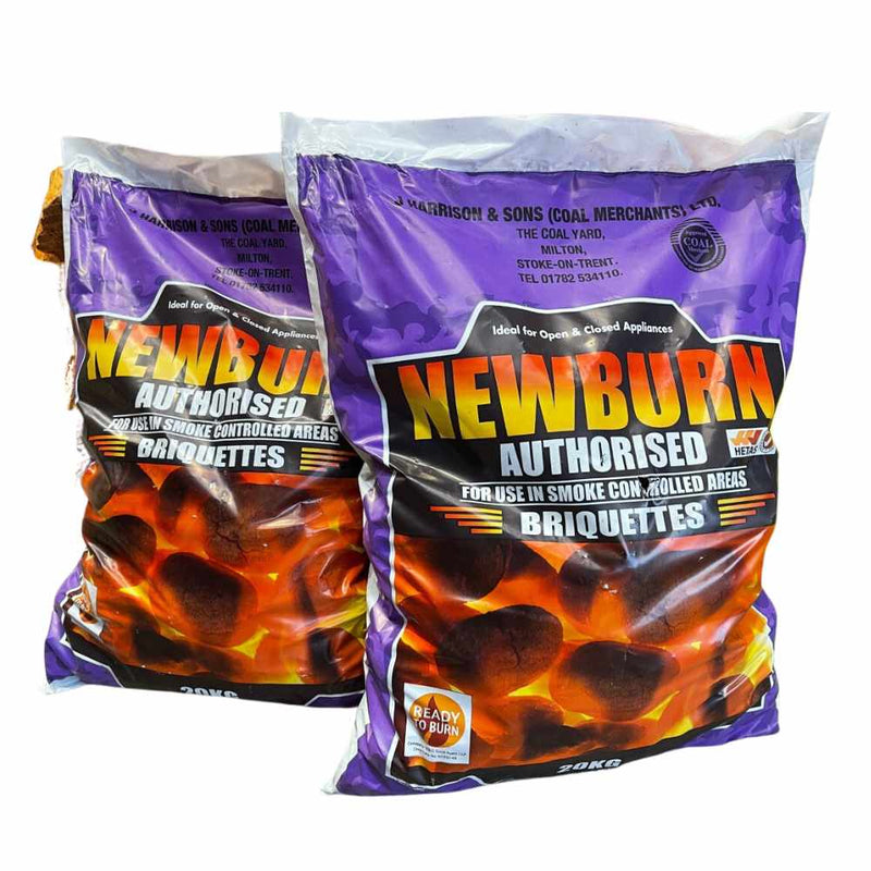 Load image into Gallery viewer, Two bags of Bingley Fencing's Newburn 25KG Smokeless Coal - Premium, featuring a purple and orange design, are labeled as authorized for use in smoke-controlled areas. These clean-burning briquettes are ready to burn, providing a low-emission alternative to traditional options.