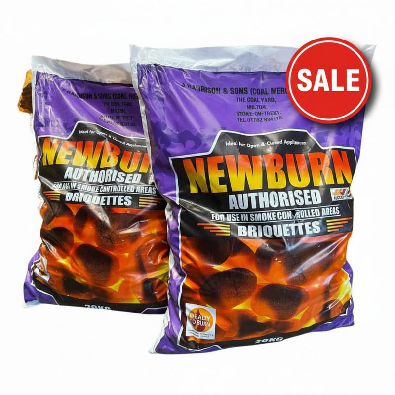 Load image into Gallery viewer, Two bags of Bingley Fencing's Newburn 25KG Smokeless Coal - Premium, featuring a purple and orange design, are labeled as authorized for use in smoke-controlled areas. These clean-burning briquettes are ready to burn, providing a low-emission alternative to traditional options.