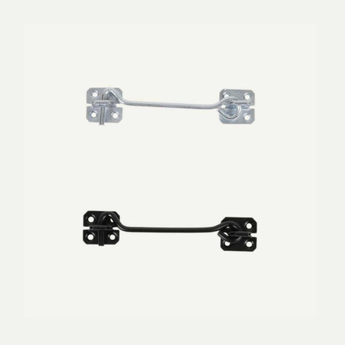 Two Henry Shaw Wire Cabin Hooks, 8" each in silver and black, mounted on plates with screw holes—perfect for shed or gate locks—are shown side by side on a white background.