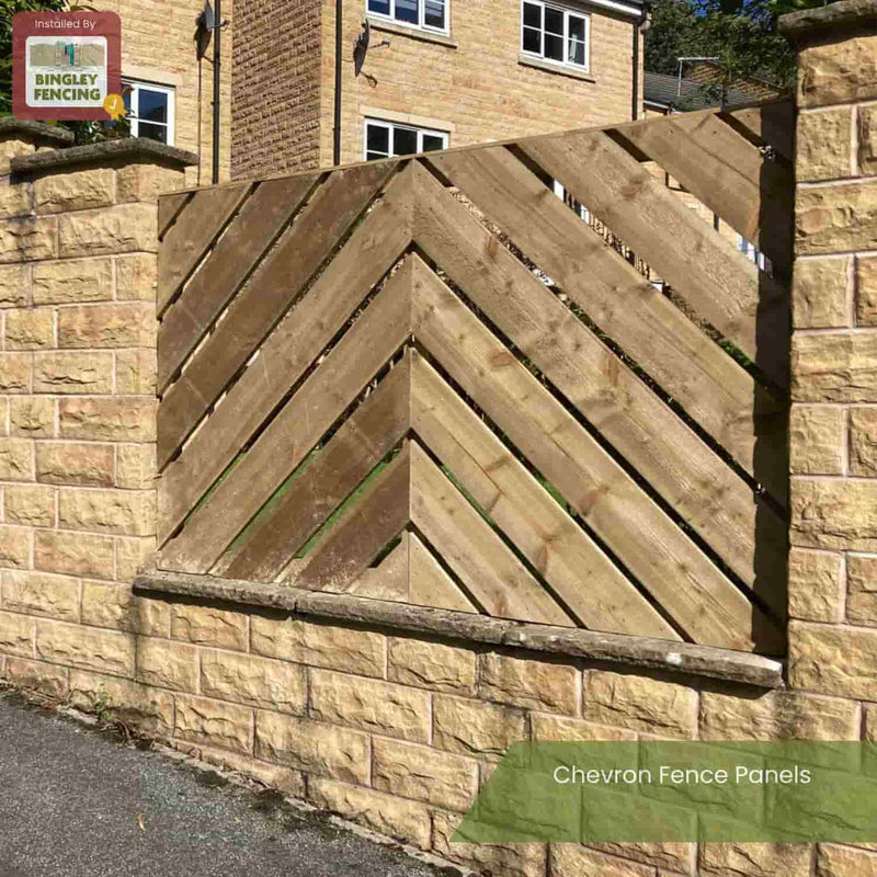 Load image into Gallery viewer, A Chevron Fence Panel by Bingley Fencing, made from pressure-treated wood, stands between stone pillars atop a stone wall. A tan brick house is seen behind. Text: Chevron Fence Panels – Installed by Bingley Fencing.