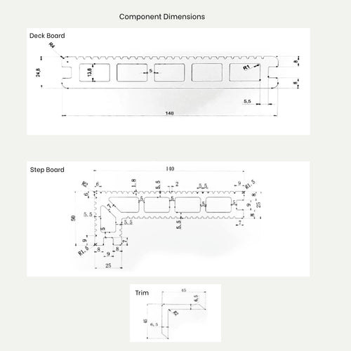 Technical drawing illustrating deX Classic Composite Decking Boards 3.6m by Bingley Fencing, featuring detailed deck board, step board, and trim profiles with labeled thickness, width, and radius dimensions—ideal for low-maintenance decking installations using composite materials in four colour options.