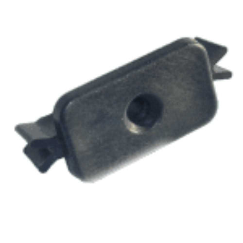 A rectangular, dark gray rubber furniture caster cup with a centrally located hole, designed to protect floors and prevent furniture from sliding—perfect for secure placement on composite decking using Bingley Fencing's Composite Decking Board Clips.