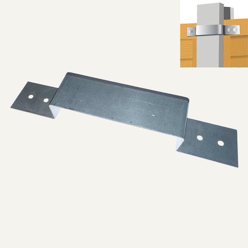 Metal door latch on a white background with an inset showing its application on a wooden door.