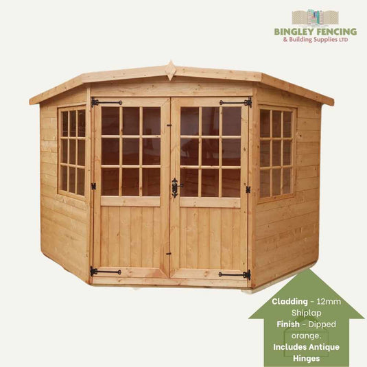 Introducing the Corner House - Summerhouse by Bingley Fencing, a wooden garden shed with large glass-paneled double doors and a shiplap cladding design. It features a dipped orange finish with antique hinges and showcases the Bingley Fencing logo in the top right corner. This product is made to order by Bingley Fencing & Building Supplies LTD.