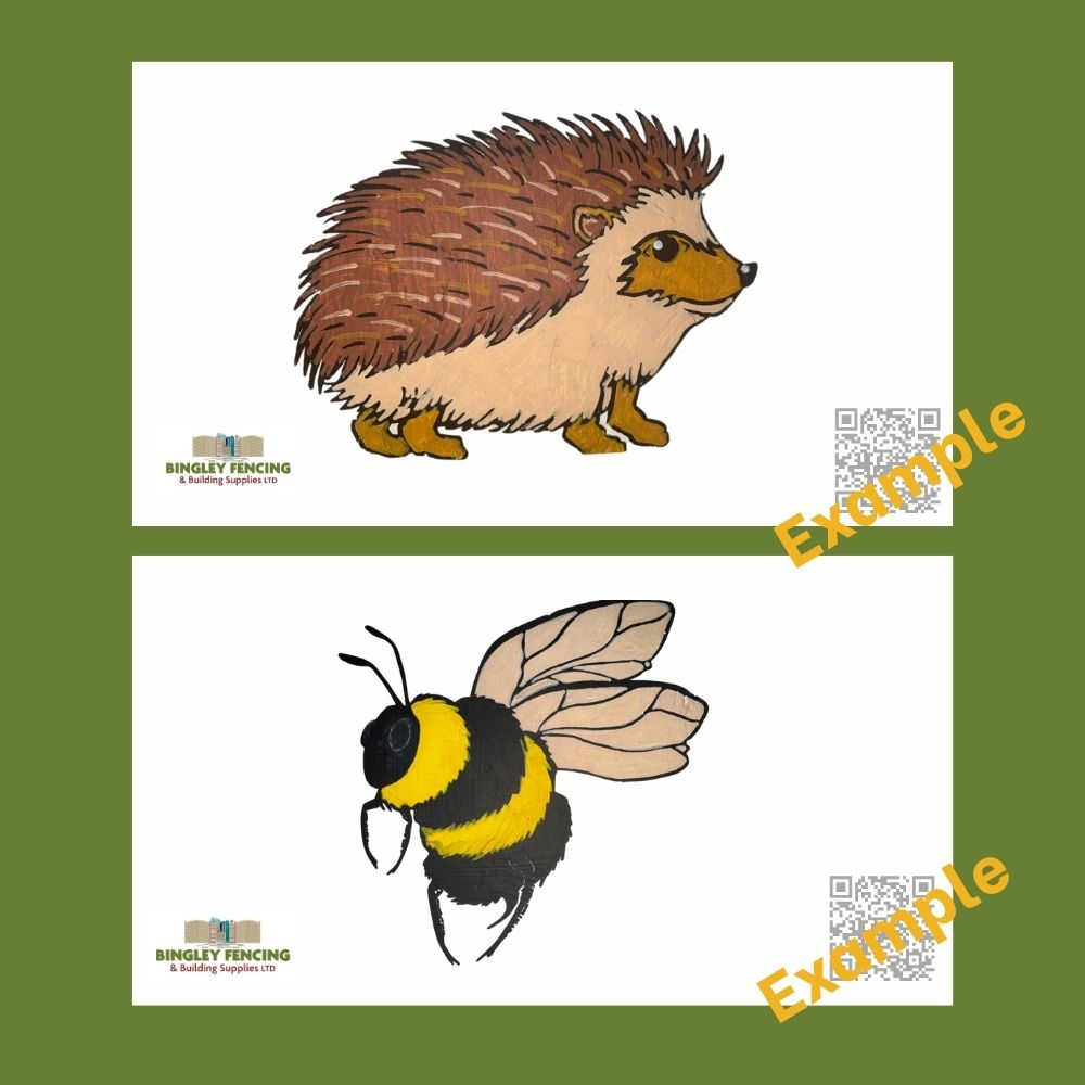 Two illustrations of a hedgehog and a bee on a green background with 'Example' text.