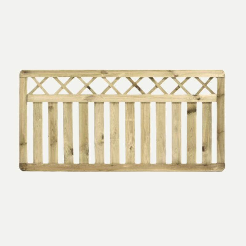 Load image into Gallery viewer, The KDM Cross Top Border Fence Panel (CT90) is made from tanalised softwood, with vertical planks below and a decorative crisscross lattice top—perfect as a garden border fence panel.