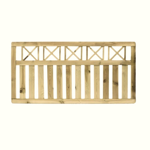 The KDM Elite Cross Top Border Fence Panel (ECT90) is a tanalised softwood panel featuring vertical slats below and decorative crisscross patterns above—ideal as an attractive border fence or for adding elegance to any garden.