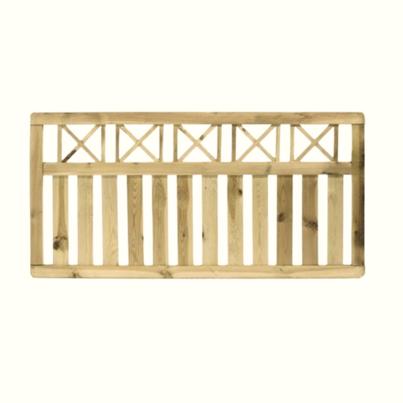 Load image into Gallery viewer, The KDM Elite Cross Top Border Fence Panel (ECT90) is a tanalised softwood panel featuring vertical slats below and decorative crisscross patterns above—ideal as an attractive border fence or for adding elegance to any garden.