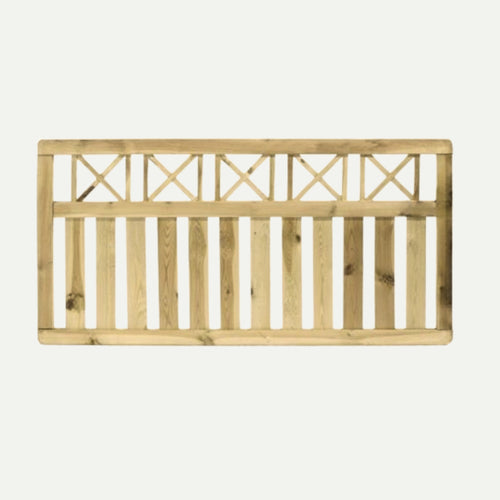 The KDM Elite Cross Top Border Fence Panel (ECT90) is a tanalised softwood panel featuring vertical slats below and decorative crisscross patterns above—ideal as an attractive border fence or for adding elegance to any garden.