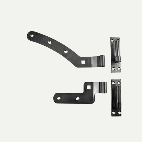 Two Henry Shaw 12" Curved Heavy Duty Hook & Band Hinge Sets in black, each with a curved strap and separate rectangular base plates, are displayed against a plain white background. Suitable for left or right-hand installation.