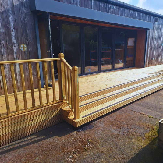Long decked area in front of a school