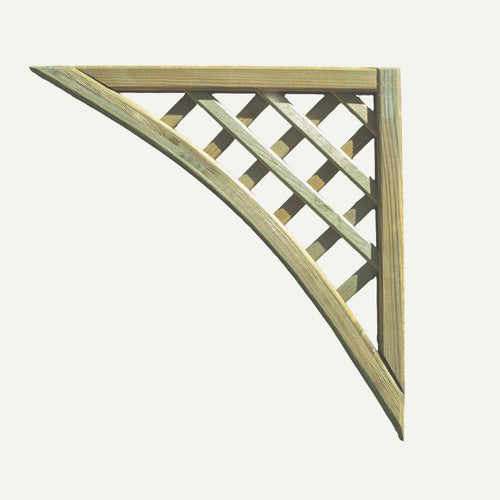 The KDM Diamond Lattice Trellis Corner Panel - DT20 features a curved edge and crisscross pattern, perfect as a decorative garden trellis or for diamond lattice panels, and is shown isolated on a white background.