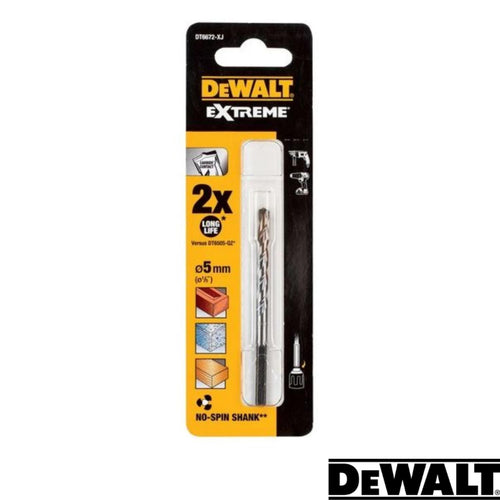 Packaging for a Dewalt EXTREME No Slip Shank Masonry Drill Bit (5mm Dia, 85mm Long), showing images of drilling into wood, metal, and plastic. The label highlights “2X Long Life” and features an Anti-Slip Shank. Dewalt branding is prominently displayed at the bottom.