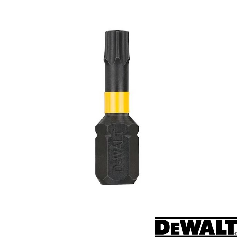 Load image into Gallery viewer, Close-up of a Dewalt Impact Torsion T25 drill bit, showcasing its distinctive black body and yellow ring with the Dewalt logo in the bottom right corner. This product is enhanced with FlexTORQ technology, emphasizing its durability and precision, distinguishing it from standard screwdriver bits.
