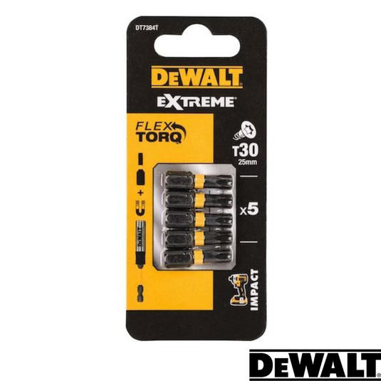 The Dewalt Impact Torsion T30 - 25mm - Pack Of 5 features five black, 25mm Impact Torsion screwdriver bits. It showcases branding and logos on a bold black and yellow background, emphasizing the innovative design and reliability of these precision tools.