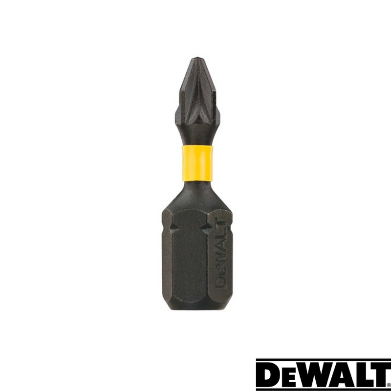 Load image into Gallery viewer, Close-up image of a Dewalt Extreme FlexTORQ PZ1 screwdriver bit from the Pack of 5, highlighting its sleek black and yellow design. The iconic Dewalt logo is prominently displayed in the bottom right corner, emphasizing its suitability for use with impact drivers to ensure enhanced performance.