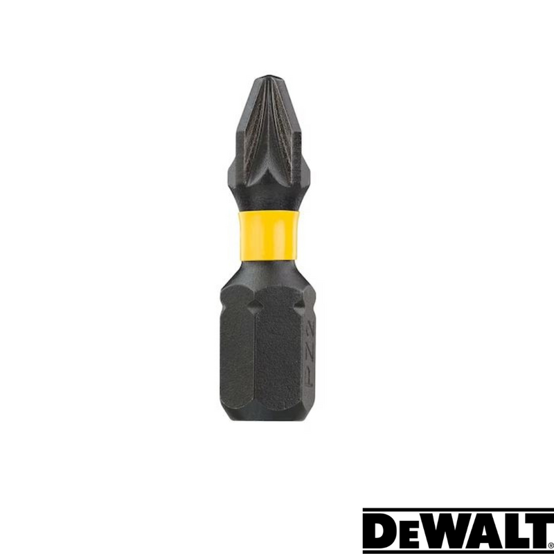 Load image into Gallery viewer, A Dewalt- Extreme FlexTORQ PZ2 drill bit, available in various lengths and sold in a pack of 5, features a black design with a yellow band near the base. It is designed for precision driving and compatible with impact drivers. The EXTREME FlexTORQ technology ensures optimal performance at the tip. The Dewalt logo is located in the bottom right corner.