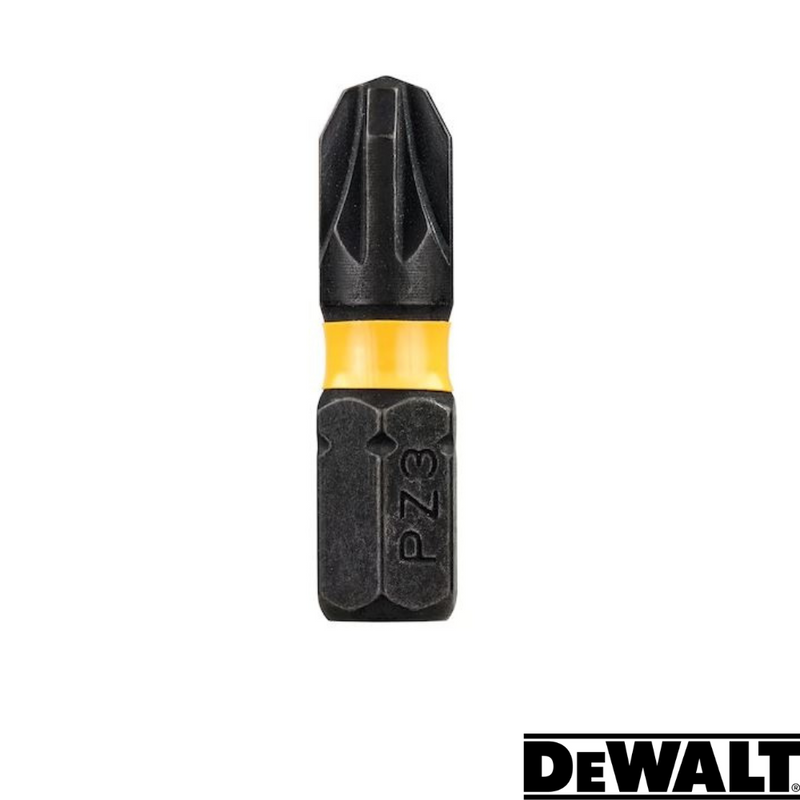 Load image into Gallery viewer, A close-up of one Dewalt- Extreme FlexTORQ PZ3 screwdriver bit from a pack of five is displayed vertically on a plain white background. The bit features a distinctive black and yellow design with an Extreme FlexTORQ Pozidriv head, making it ideal for use with impact drivers. The Dewalt logo is positioned in the bottom right corner.