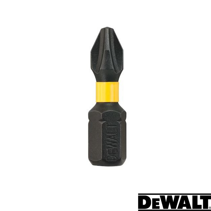 Load image into Gallery viewer, A DEWALT Extreme FlexTORQ PH2 screwdriver bit, compatible with impact drivers, features a black design with a yellow band near the tip and a hexagonal base. The DEWALT logo in black and white is prominently displayed in the bottom right corner, highlighting its FlexTORQ capability. Available in a pack of 5.