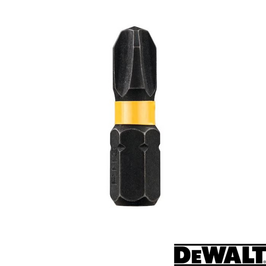 A close-up of a Dewalt Extreme FlexTORQ PH3 bit with a yellow band near the base. This black, hexagonal bit showcases FlexTORQ technology for improved durability with impact tools. The Dewalt logo appears in the bottom right corner.