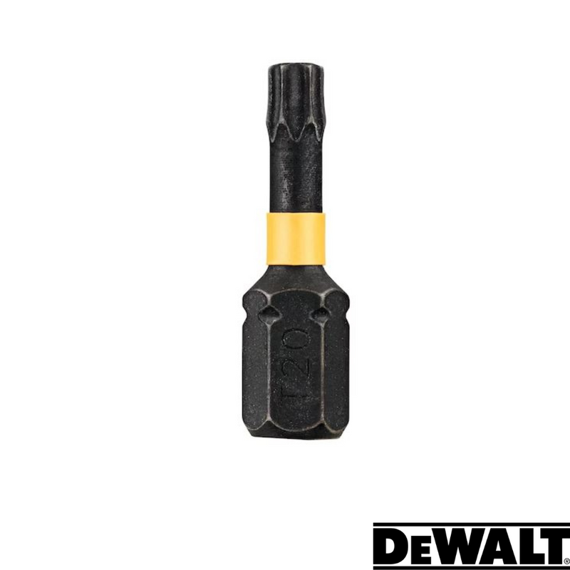 Load image into Gallery viewer, A black Dewalt Impact Torsion T20 - 25mm screwdriver bit from a pack of five, designed with a yellow band near the base and featuring Magnetic Screwlock technology, is isolated on a white background. The Dewalt logo appears in the bottom right corner.