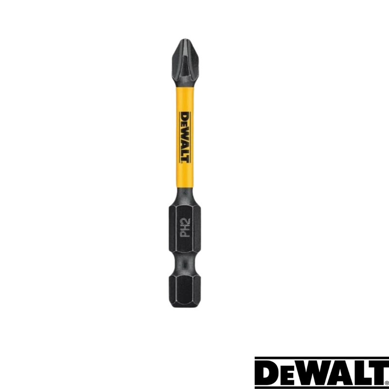 Load image into Gallery viewer, The image features a black and yellow Dewalt- Extreme FlexTORQ drill bit, label marked with PH2 to denote its type and size for use with screwdriver bits. The prominent Dewalt logo in the bottom right corner of the white background emphasizes its suitability for impact drivers.