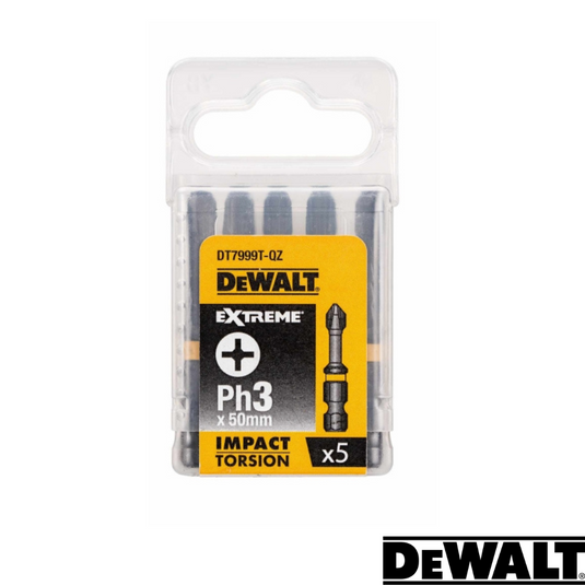 A pack of five Dewalt Impact Torsion PH3 screwdriver bits, each measuring 50mm. The transparent packaging features a yellow label with product details and the Dewalt logo prominently displayed at the bottom right corner.