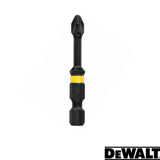 The image features a black Dewalt Impact Torsion PH3 screwdriver bit, measuring 50mm, and showcasing a distinctive yellow band near the base. The prominent Dewalt logo is visible in the bottom right corner, highlighting its precision engineering and durability for use with magnetic Screwlock applications.