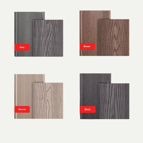Four sets of deX Classic Composite Decking Boards 3.6m by Bingley Fencing are displayed in a grid, featuring wood-textured panels in grey, brown, natural, and black. Each set includes one smooth-textured and one grooved-textured board, labeled with red tags by color. Ideal for composite decking projects, these boards provide a durable and stylish low-maintenance solution.