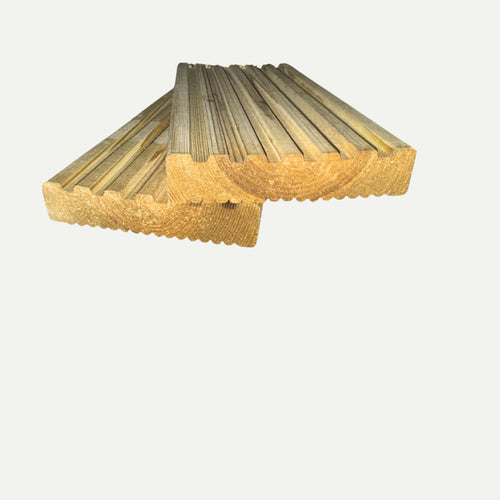 Stack of wooden decking planks on a white background