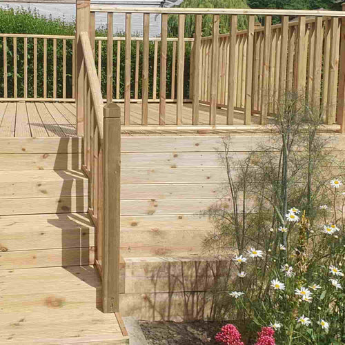The garden features a wooden deck with smooth KDM Decking Handrail & Fillet (12' lengths, sold separately), timber decking, and stairs, bordered by greenery, daisies, and pink flowers under bright sunlight.