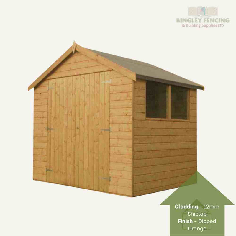 Load image into Gallery viewer, The Double Door Shed from the Euro Range, offered by Bingley Fencing, includes a pitched roof and two small windows on one side. It features 12mm shiplap cladding with an orange dipped finish. The Bingley Fencing logo is visible in the top right corner, and flexible payment plan options are available.