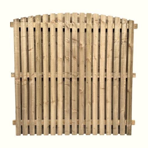 The Bingley Fencing Paling Fence Panels - Double Sided feature 1 gaps and an arched top. Made from light-colored, pressure treated timber, these panels are ideal for easy installation and added durability in your garden.