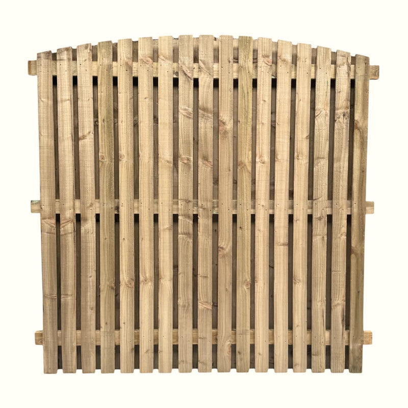 Load image into Gallery viewer, The Bingley Fencing Paling Fence Panels - Double Sided feature 1 gaps and an arched top. Made from light-colored, pressure treated timber, these panels are ideal for easy installation and added durability in your garden.