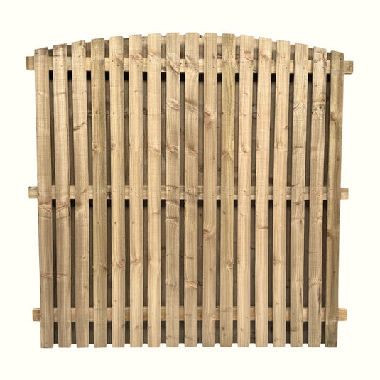 The Bingley Fencing Paling Fence Panels - Double Sided feature 1 gaps and an arched top. Made from light-colored, pressure treated timber, these panels are ideal for easy installation and added durability in your garden.
