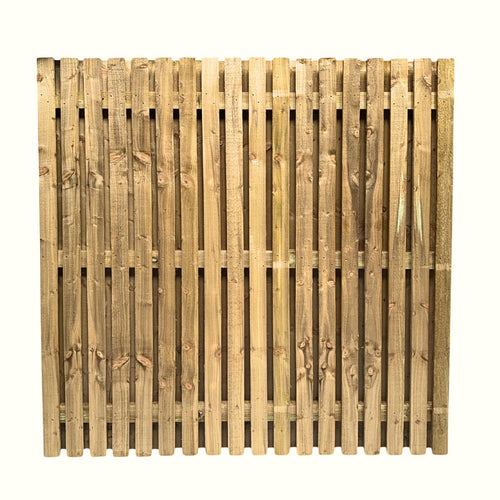 The Bingley Fencing Paling Fence Panels - Double Sided - 1 Gaps - Flat Top feature vertical, evenly spaced slats with a light brown finish, viewed front-on against a white background—ideal as pressure treated fence panels for your garden.
