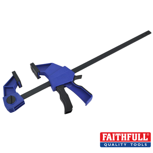 The image showcases a Faithfull brand product, specifically the “Faithful - Bar Clamp and Spreader,” in blue and black. This heavy-duty clamp is equipped with a trigger mechanism, featuring a long black adjustable arm and sturdy grips made from high-tensile steel. The Faithfull logo is displayed at the bottom right corner.