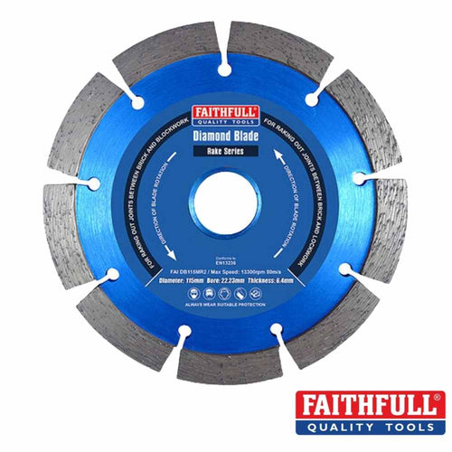 A blue segmented diamond blade from Faithfull, ideal for an angle grinder and designed to cut stone, tile, and brick. The center label reads “Faithfull- Mortar Raking Diamond Blade Dia:115mm - Bore:22.23mm,” making it perfect for mortar raking. The Faithfull logo is prominently displayed in the corner.