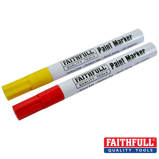A pack of two Faithfull Paint Marker Pens, including one yellow and one red pen, both with caps. They feature white barrels displaying brand and product details, and each quick-drying, UV-resistant pen includes the Faithfull Quality Tools logo in the lower right corner.