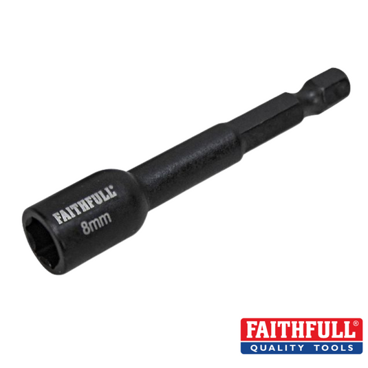 The Faithfull Magnetic Impact Nut Driver, with a 1/4-inch hex shank and a 65mm length, features a hexagonal shaft and cylindrical socket, making it ideal for high torque impact drivers. The Faithfull branding is prominently displayed on both the bit and the logo in the bottom right corner, ensuring you're using tools of Faithfull quality.