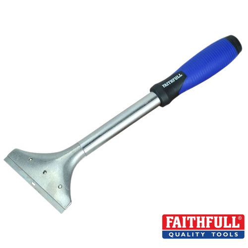 Introducing the Faithfull Heavy Duty Long Handle Scraper, featuring a 100mm (4″) wide, flat high-carbon steel blade. Designed for efficiently removing paint or wallpaper, it also offers an option for replacement blades. The scraper is equipped with a rubberized blue and black handle for a comfortable grip that prominently displays the Faithfull logo. Additionally, the Faithfull Quality Tools logo is visible in the bottom right corner.