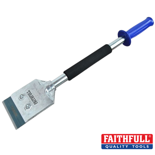 The Faithfull All Metal Heavy-Duty Long Handle Scraper 100mm comes with a blue handle and black grip, featuring a reversible high-carbon steel blade secured by two bolts. The brand name "Faithfull" is engraved on the scraper, and the Faithfull Quality Tools logo is displayed in the bottom right corner.