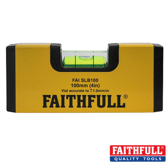 The Faithfull logo is prominently displayed on the yellow and black Magnetic Mini Level 100mm. This compact tool offers vial accuracy of ±1.0mm/m and includes shockproof end caps for enhanced durability, enabling hands-free and precise measurements.