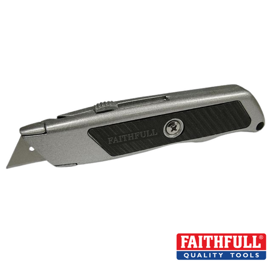 A die-cast metal all-purpose knife with a retractable blade and black grip accents, named "Faithfull- Trimming Knife - Retractable Blade," features the brand name Faithfull inscribed on it along with the FAITHFULL Quality Tools logo in the bottom right corner.