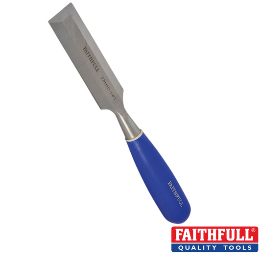 This bevel-edged chisel features an impact-resistant blue handle with the brand name Faithfull. The partially visible blade made from Chrome-Vanadium steel displays the inscription 'Faithfull' along with '25mm 1.' A red and white Faithfull Quality Tools logo appears in the bottom right corner.
