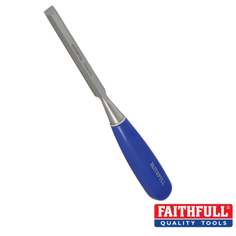 Load image into Gallery viewer, A wood chisel with bevel edges that boasts an impact-resistant blue handle and a sharp, long-lasting Chrome-Vanadium steel blade. The brand name Faithfull is prominently displayed on both the blade and handle, with the Faithfull Quality Tools logo located in the bottom right corner.
