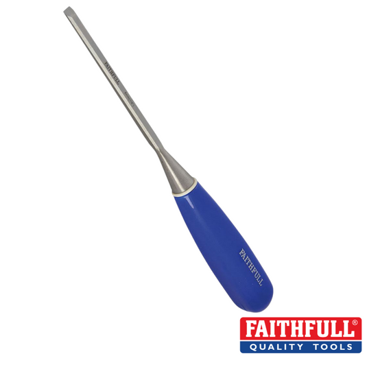 Here is a description of the product using the provided data:
A blue-handled wood chisel with a Chrome-Vanadium steel blade is shown. The Faithfull brand is printed on the impact-resistant handle and blade. The Faithfull Quality Tools logo is positioned in the bottom right corner.