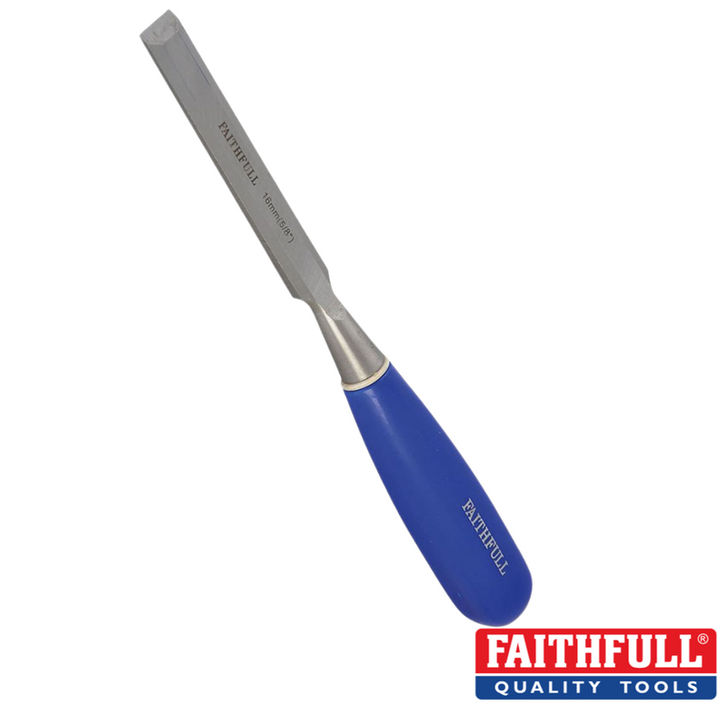 Load image into Gallery viewer, Displayed against a white background is a Faithfull wood chisel featuring an impact-resistant blue handle and a blade made from Chrome-Vanadium steel. The bevel-edged blade is engraved with the brand name "Faithfull," and the model number. In the bottom right corner, you can see the Faithfull Quality Tools logo.