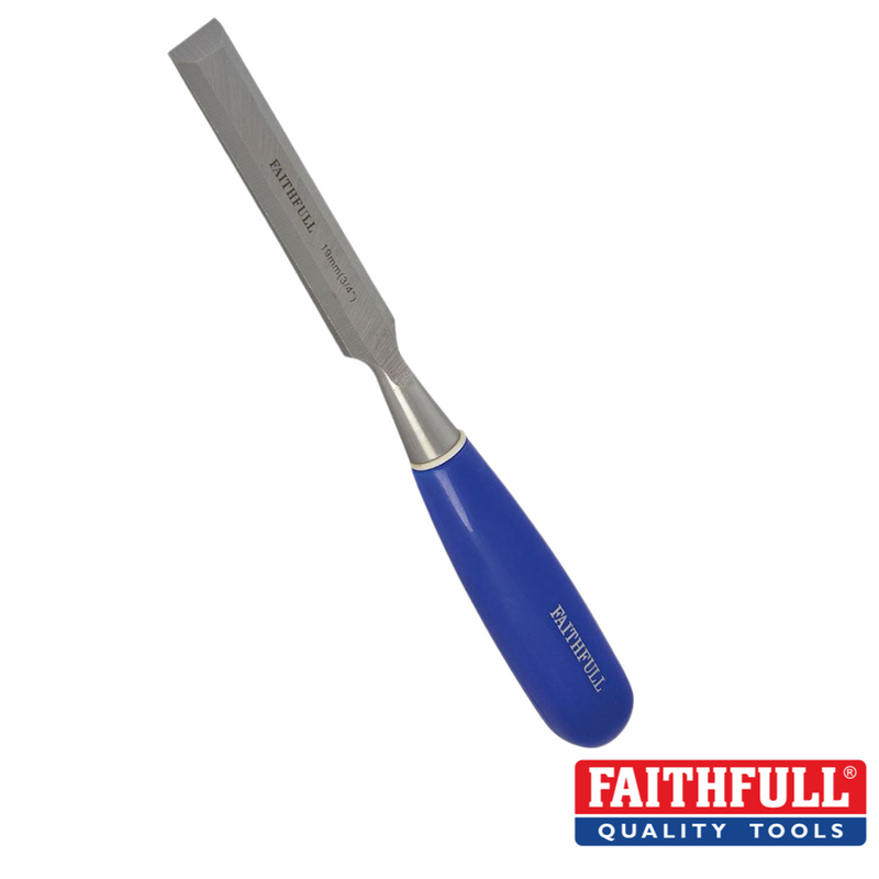 Load image into Gallery viewer, Close-up of a Faithful - Wood Chisel showcasing an impact-resistant blue handle and a durable Chrome-Vanadium steel blade. The Faithfull brand logo is visible on both the chisel and in the bottom right corner of the image.